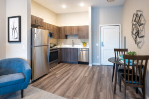Kitchen and dining, apartment view, Meadowview of Johnston Senior Living