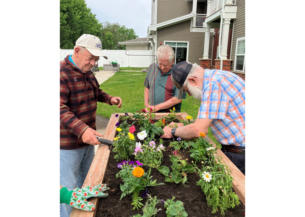 Residents at Meadowview of Johnston working together to plant colorful flowers in a raised garden bed, using gardening tools in an outdoor memory care courtyard with the community building in the background.