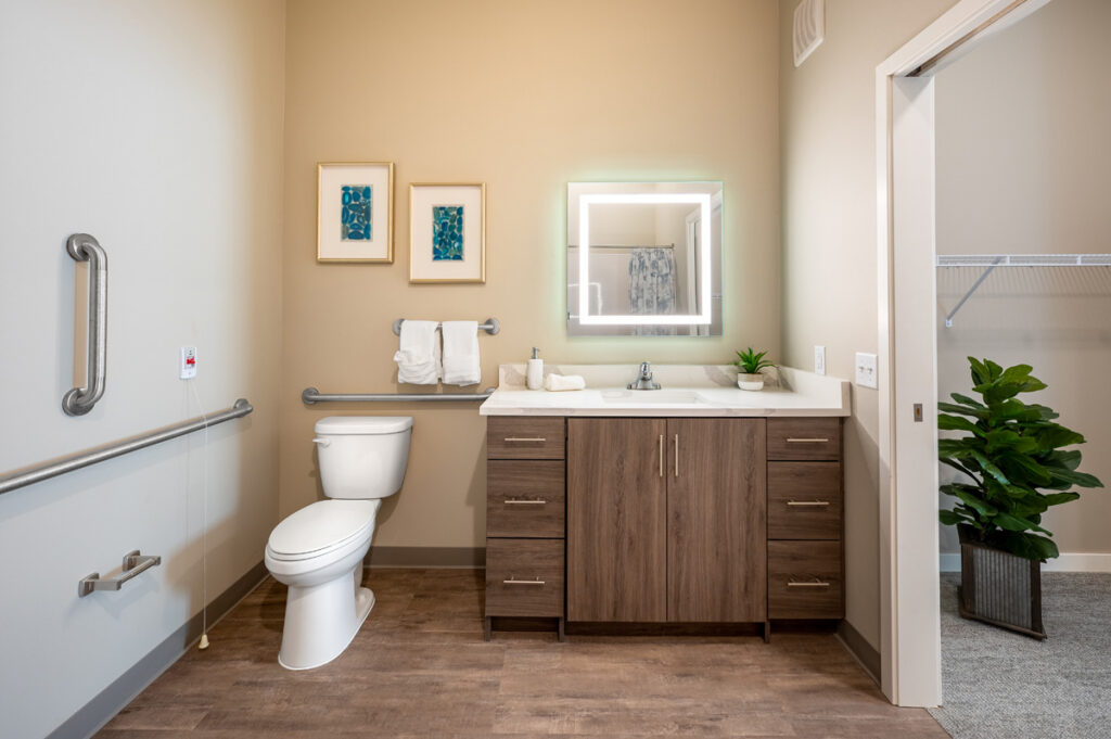 Accessible apartment bathroom at Meadowview of Johnston featuring a walk-in shower, grab bars, vanity storage, and safety-focused design.